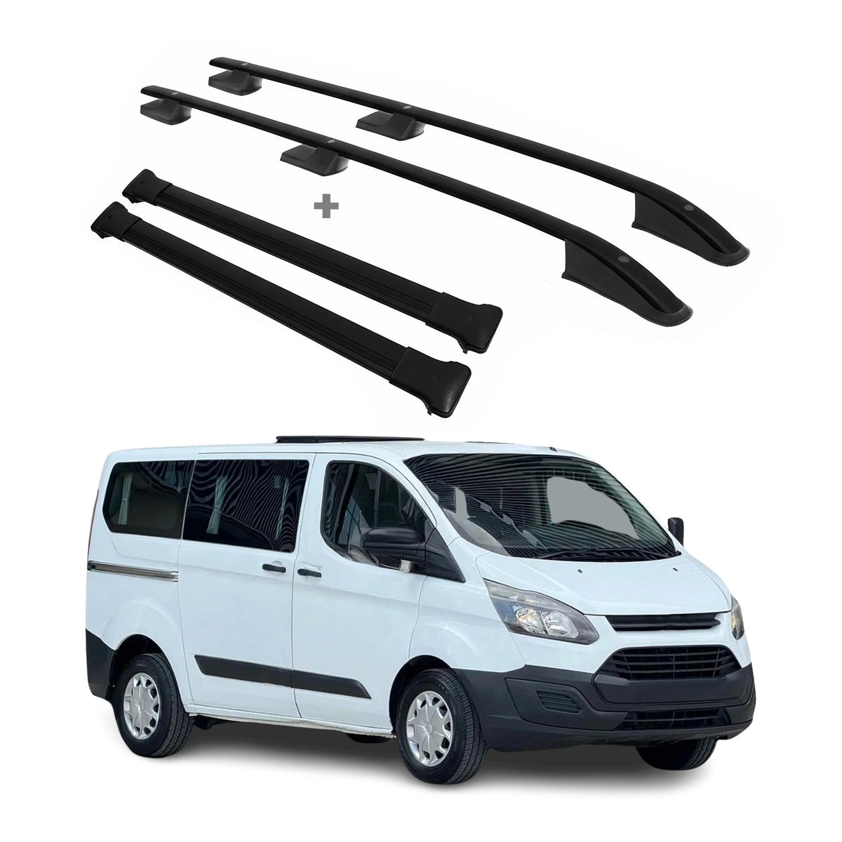 MIT ABE Dachreling + Dachträger FLACH Set Ford Tourneo / Transit Custom (2013 - 2023) - L1 L2 - Schwarz/Silber